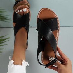 Große, überkreuzte Riemen, flache Sandalen für Damen, Retro-Stil, breites Band, offene Zehen, Strandsandalen 40 schwarz
