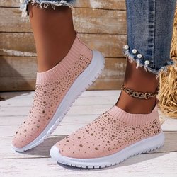Slip-On-Sneakers mit Strass-Dekor für Damen – Bequeme, gestrickte Low-Top-Sneaker für lässiges Gehen im Fitnessstudio 40 rosa