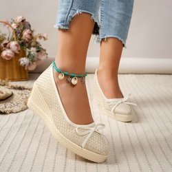 Französischer Xiaoxiangfeng High Heels Damen Keilabsatz Temperament Schleife Spitz Einzelschuhe 41 beige