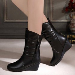 Winter Warme Pelz Stiefel Frauen Stiefel High Heels Seite Zipper Weibliche Schuhe Schwarz Frau Stiefel Schuhe Keil Stiefel Shose Frauen 42