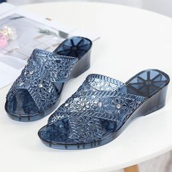 Crystal Sandals Damen Sommer High Heel Flip Flops Tragen Strand rutschfeste Hausschuhe mit schrägen Absätzen 39 blau