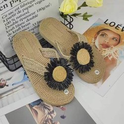 Damen-Sandalen aus Leinen mit Blumenmuster – Sommer-Strand-Hausschuhe mit EVA-Sohle, flache Slip-On-Sandalen 40 schwarz