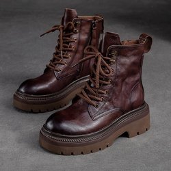 Johnature Vintage-Stiefel mit dicker Sohle, seitlicher Reißverschluss, kurze Stiefel aus echtem Leder, modische, vielseitige Damenschuhe 38
