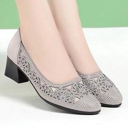Damensandalen Mesh Hohldesign Strassverzierung Weiche Leder Damensandalen Rutschfeste Weiche Sohle Atmungsaktive Pendler-High Heels 39 grau