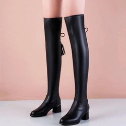 Damen Overknee-Stiefel aus Leder, elastisch, 2024 neue Winterstiefel aus warmem Plüsch, lange Stiefel, Herbst, Slip-On, spitz, dick, Absätze, Ritter-Botas 40