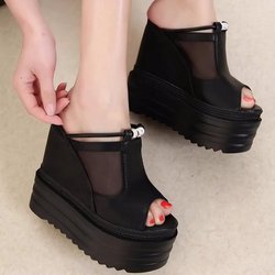 Sommer Innenhöhe Damen Hausschuhe 14cm Super Hochhackige Keilabsätze Pantoletten Plateauschuh Neue Mode High Heels Damen Pumps 34 schwarz