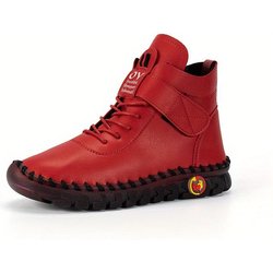 Herbst Winter Damen High Top Flache Sneakers Einfarbig Schnürstiefeletten mit Klettverschluss Lässige und bequeme Stiefel 43 rot