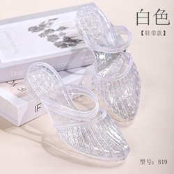 Baotou Sandalen für Damen Ausgehen im Sommer Vielseitig Ausgehöhlt Rutschfest Damen Dicke Ferse Kristall Pantoletten 40