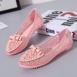 Frühlings- und Sommer-Slip-On-Sandalen mit flachem Boden, bequeme und atmungsaktive Damen-Spitzen-Mesh-Volltonfarbe, vielseitige Schleife, einzelne Schuhe 35 rosa