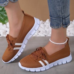 Mesh-Strickschuhe mit gestreiften Streifen für Damen 2024 Sommer Schnürschuhe Casual Sneakers Frau Atmungsaktive Halbschuhe mit weicher Sohle Plus Größe 43 41 braun