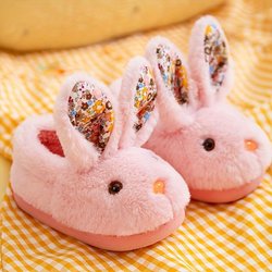 Niedliche pelzige Hausschuhe mit Cartoon-Kaninchen für Mädchen, warme, rutschfeste, weiche Hausschuhe für Herbst und Winter 26-27 rosa