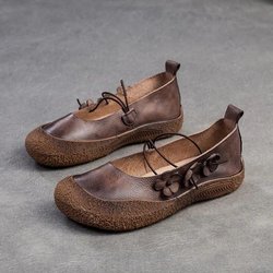 Johnature Retro-Flache Schuhe aus echtem Leder mit kleiner Blume, Freizeit- und bequeme Damenschuhe mit weicher Sohle 39 kaffeebraun