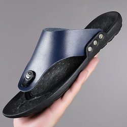 Sommer Hausschuhe aus echtem Leder für Herren, rutschfeste Flip-Flops, modische, lässige Hausschuhe aus Leder, Sandalen für Herren 45 navy blau