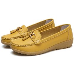 Damenschuhe aus weichem Leder, einfarbig, bequem, flach, rutschfest, atmungsaktive Sohle, Bean-Schuhe, mittlerer Absatz, runder Kopf, Schleife 40 gelb