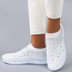 Flache Damen-Turnschuhe mit Kristallen, atmungsaktive Freizeitschuhe, Sportschuhe im Freien 35 weiß