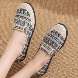 Stoffschuhe Damen Leinen Retro Ethno-Stil Flache, rutschfeste, atmungsaktive, faule Schuhe 36 grün