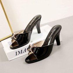 Hochhackige Hausschuhe, Sommerkleidung, koreanischer Stil, Schleife, Tanga, Stiletto, mittelhohe Damenschuhe 34 schwarz