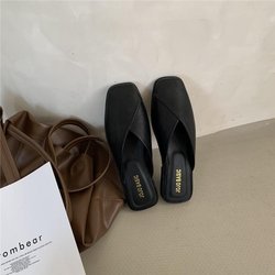 Große Baotou-Halbhausschuhe für Damen, Sommer, quadratischer Kopf, flache Sandalen, Muller-Schuhe 38 schwarz