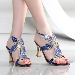 Damen High Heel Sandalen Strass Sommer Europäische und amerikanische Mode Block High Heel Sandalen Frauen Diamant Sexy Damen Sandalen 38 blau