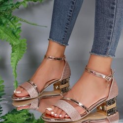 2024 Damen Sandalen 2024 Heels Freizeitschuhe Damen Offene Spitze Sommer Gold Schuhe Quadratische weibliche Knöchelriemen Low Heels Schuhe Frau 41