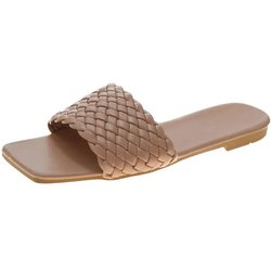 Damen-Strandpantoffeln, gewebtes Schuhoberteil, sexy Bürodame, lässig, bequem, mit niedrigem Absatz, übergroße Hausschuhe für den Sommer 41 khaki