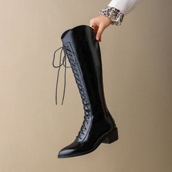 Krazing Pot Rindsspaltleder Herbst Winter Schuhe Mittelhohe Absätze Reitstiefel Spitze Zehenpartie Warm halten Schnüren Oberschenkelhohe Stiefel 37 schwarz