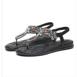 Strass flache Sandalen große Größe flacher Absatz ausgeschnitten böhmisch bequem Damenschuhe Sommer 42 schwarz