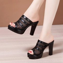 Plus Größe Blockabsatz Plateauschuhe Damen Hausschuhe Sommer Offener Kopf High Heels Slides Damen Ausschnitt Hausschuhe 38