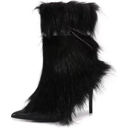 Mode Neu Spitz Stiletto Nischendesign Kette Fellstiefel Europäisch Amerikanische Mode Schwarz Rot Spicy Girl Sexy Damenstiefel Größe 43 35