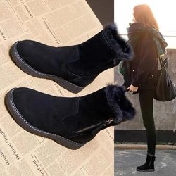 Schneestiefel Damen Plüsch Verdickte Winter Anti-Rutsch Damenschuhe Leder Fell Integrierte Warme Baumwollschuhe Mädchenschuhe 35 schwarz