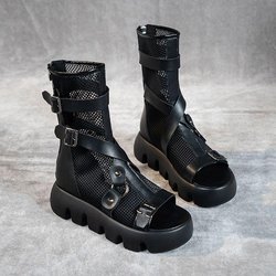 Sommer Mesh Atmungsaktiv Ausgehöhlt Zu Verbessern Die Dicke Unterseite Von Muffins Joker Casual Damen Kalten Stiefel 38 schwarz