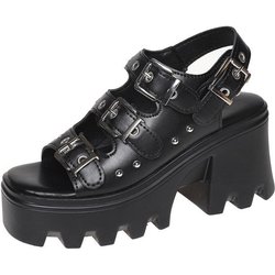Große Damen-Sandalen mit hohen Absätzen, Sommer-Punk-Sandalen mit zunehmender Höhe, Motorrad-Gothic-Damenschuhe, Khaki-Plateausandalen 38 schwarz