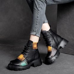 Kurze Stiefel aus echtem weichem Leder für Damen im Herbst und Winter im Ethno-Stil, kurze Röhre, dicker Absatz, Einzelstiefel mit Retro-Patch, wasserdichte Plateaustiefel 41