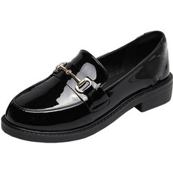 Oxford-Schuhe, glänzende Freizeitschuhe aus Kunstleder für Damen, weiche Loafer mit flacher Sohle, Metallbesatz, runde Zehenpartie, College-Damenschuhe im britischen Stil 40 schwarz