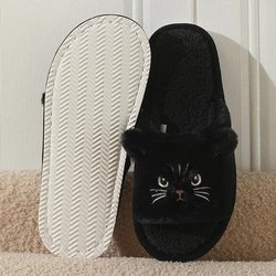 Katzen-Cartoon Haus Verdickte Warme Hausschuhe, Plüsch Weichsohlige Zehenfreie Katzen-Baumwollhausschuhe 36-37 schwarz
