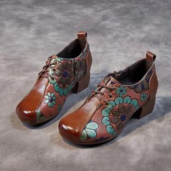 Johnature bedruckte Damenschuhe aus echtem Leder, Retro-Ethno-Stil, runde Zehenpartie, dicker Absatz, weiche Sohle, Pumps 41 kaffeebraun