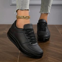 Damen-Wedge-Rocker-Sneaker, lässige, höhenvergrößernde Low-Top-Sneaker zum Schnüren, bequeme Plateauschuhe zum Gehen 36 coole schwarze