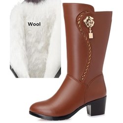 Echtes Leder Damen Wollstiefel Dicke warme Winter Schneestiefel Große Stiefel Damen 41