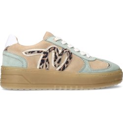 Beigefarbene Veloursleder-Sneaker mit mintgrünen Details