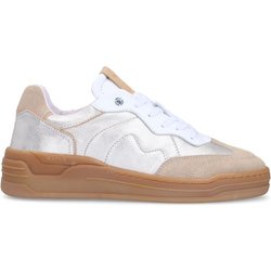 Silberfarbene Ledersneaker mit beigefarbenen Veloursleder-Details