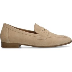 Beigefarbene Veloursleder-Loafer mit goldfarbenen Nieten