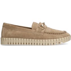 Beigefarbene Veloursleder-Loafer mit goldfarbenem Detail