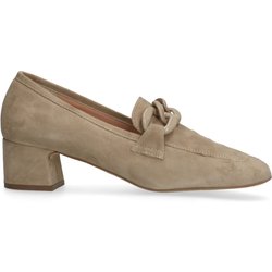 Beigefarbene Veloursleder-Pumps mit Kette