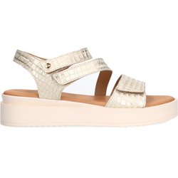 Goldfarbene Ledersandalen mit Krokomuster