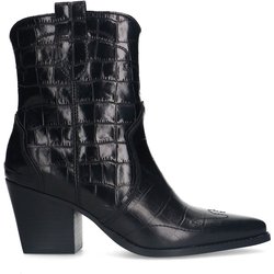 Schwarze Lederstiefeletten mit Absatz und Krokomuster