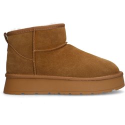 Beigefarbene Veloursleder-Snowboots mit Kunstfell