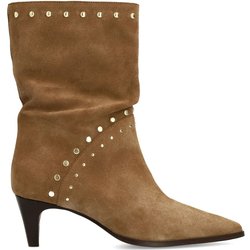 Beigefarbene Veloursleder-Stiefeletten mit Nieten