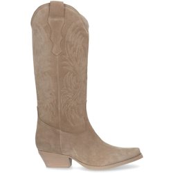 Beigefarbene Western Boots aus Veloursleder mit Stickerei