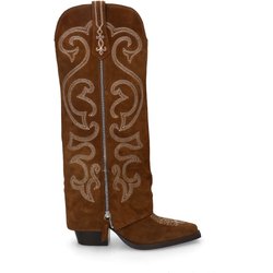 Taupefarbene Veloursleder-Cowboystiefel mit weißer Stickerei