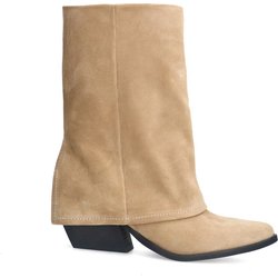 Beigefarbene Veloursleder-Cowboystiefeletten mit Umschlag